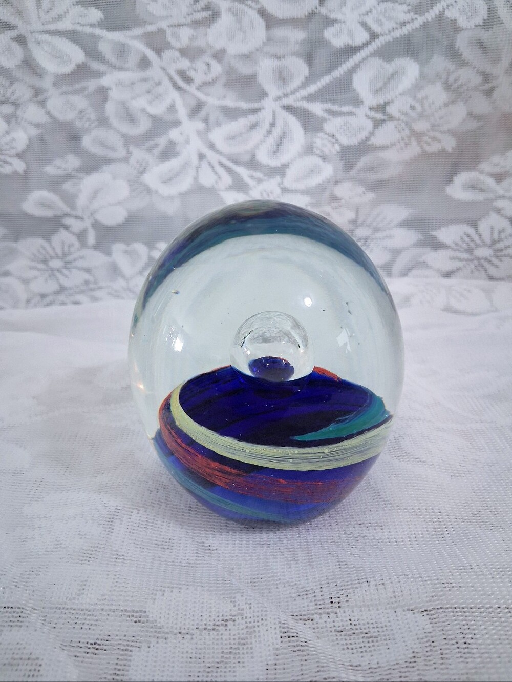 Vintage Paperweight Art Glass Colorful Swirls Controlled Bubble Large Size